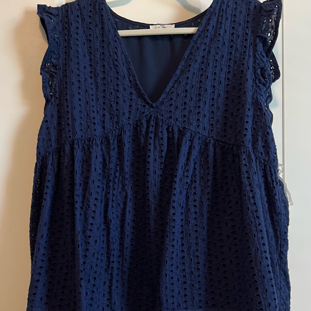 Blue eyelet short ruffle sleeve plus size top 2X